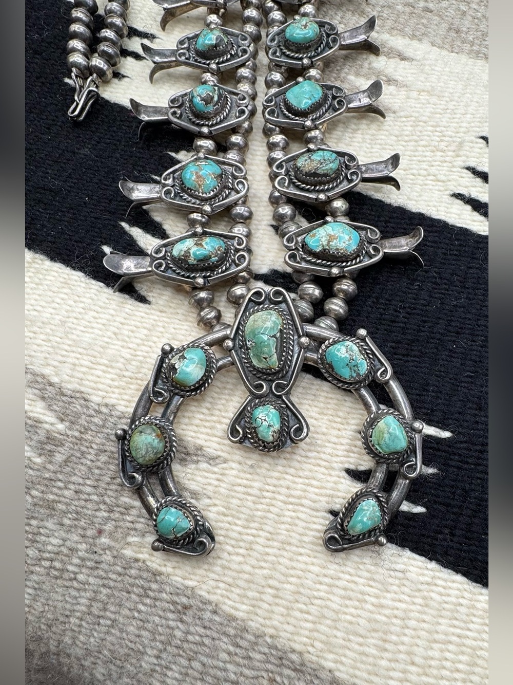 Native American 900 Silver Natural Turquoise Squash Blossom Naja Necklace - Picture 6 of 10